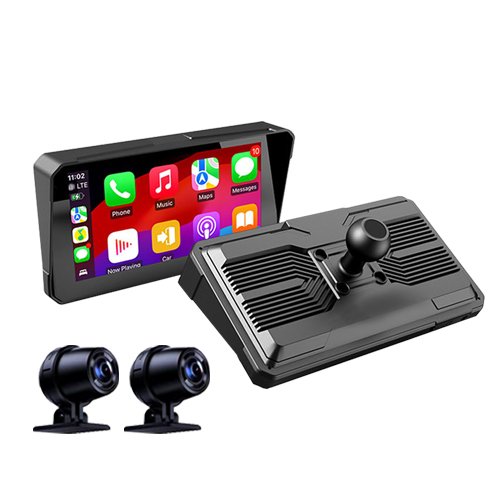 TOPOPFIRES 6" Motorcycle Android Auto & CarPlay Screen - Wireless Dual 2K Cameras Remote Control, Voice Control, Bluetooth, TF-64G