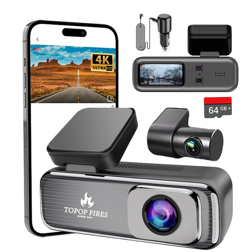 TOPOPFIRES 2 Channel 4K Dash Cam with 5GHz WiFi & APP Control | Front and Rear,  G-Sensor, 24 Hours Parking with 64GB Card