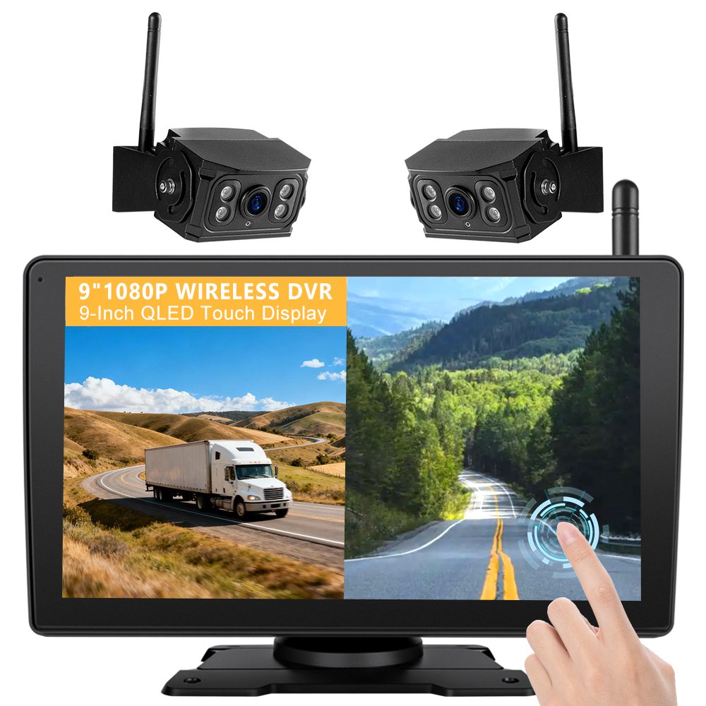 TOPOPFIRES Wireless Backup Camera System for RVs & Truck|Dual 1080P Cameras with 9inch Touch-Screen Recording Monitor