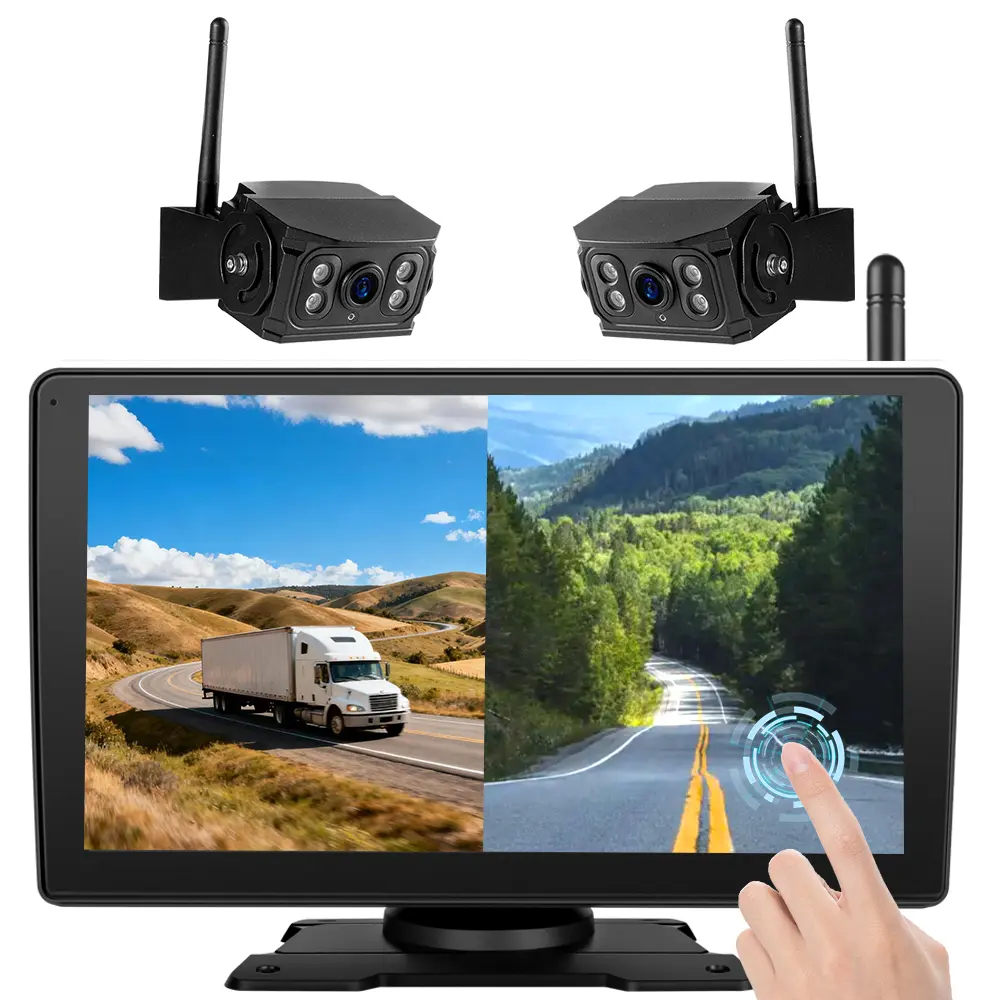 TOPOPFIRES Wireless Backup Camera System for RVs & Truck|Dual 1080P Cameras with 9inch Touch-Screen Recording Monitor