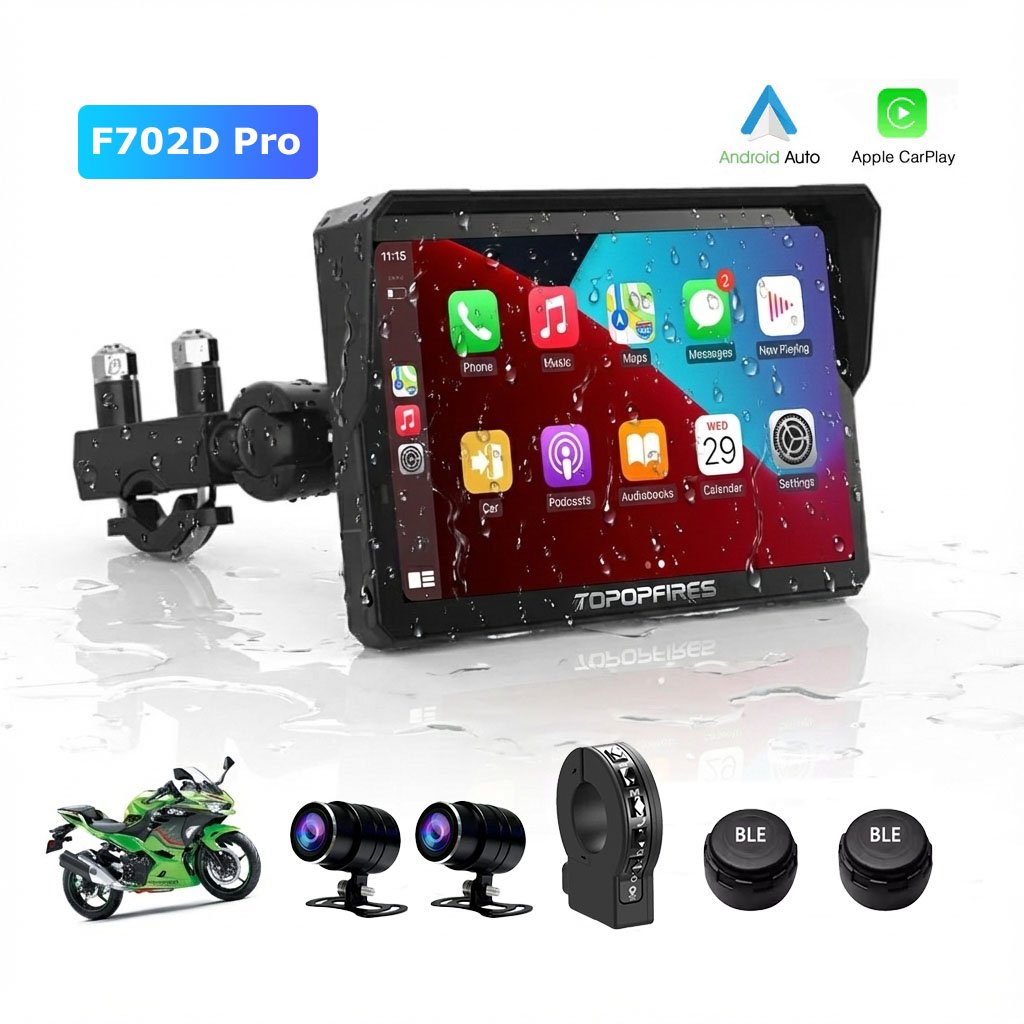 TOPOPFIRES 7" Motorcycle Smart Screen with Dual 1080P Cameras | Wireless CarPlay, Android Auto & DVR
