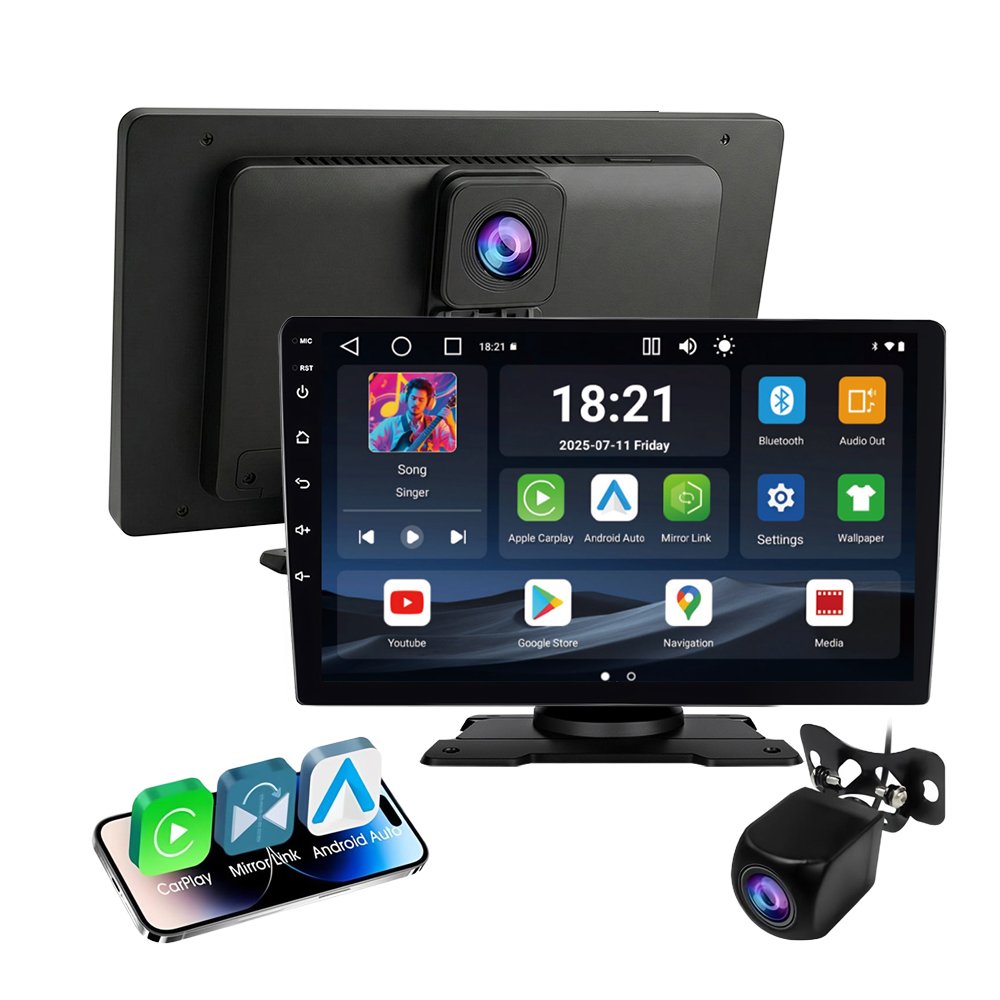 9" Portable Wireless CarPlay Screen | Android 14 Car Stereo | Wireless CarPlay Android Auto | Built-in 4K Dash Cam & 1080P Backup Camera Car Radio 4G+64G with 4G LTE, WiFi,BT,